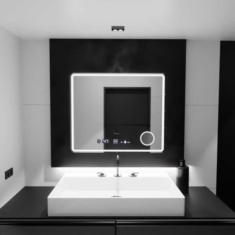 Ορθογώνιος καθρέφτης LED, 80x60 cm, Riflesso MotionGlow Marcello, Σύστημα αποθαμβώματος, Ρολόι & Θερμόμετρο, Καλλυντικός Μεγεθυντικός φακός, Dimable Marcello Mirrors Προεπιλεγμένος τίτλος Alessandro Design