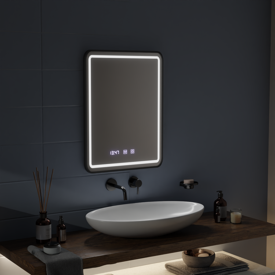 Καθρέφτης LED Touch LUCIDA Σύστημα αποθαμβωσης, Ρολόι και Θερμοκρασία 60x80 cm Πλαίσιο Μαύροι Βουρτσισμένοι Καθρέπτες Korman S Προεπιλεγμένος τίτλος Alessandro Design