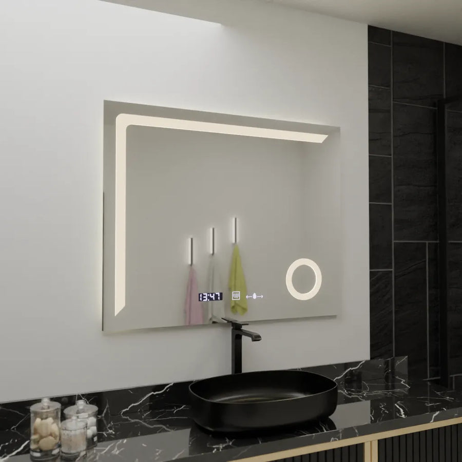 Ορθογώνιος καθρέφτης LED, 100x80 cm, Precision MotionGlow Marcello, Σύστημα αποθολώματος, Ρολόι & Θερμόμετρο, Καλλυντικός Μεγεθυντικός φακός, Καθρέφτες Dimable Marcello Προεπιλεγμένος τίτλος Alessandro Design