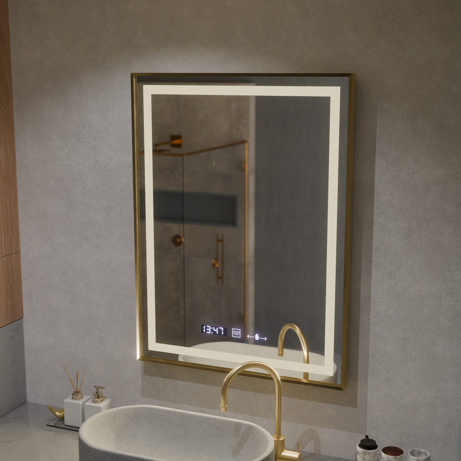 Ορθογώνιος καθρέφτης LED, 60x80 cm, Verite Royale Gold MotionGlow Marcello, Σύστημα αποθαμβώματος, Ρολόι & Θερμόμετρο, Dimable Καθρέφτες Marcello Προεπιλεγμένος τίτλος Alessandro Design