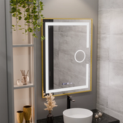 Ορθογώνιος καθρέφτης LED, 60x80cm, Eclat MotionGlow Marcello, Σύστημα Demister, Ρολόι & Θερμόμετρο, Καλλυντικό μεγεθυντικός φακός, Dimable, Βουρτσισμένο χρυσό πλαίσιο
