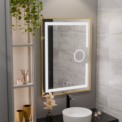 Ορθογώνιος καθρέφτης LED, 60x80cm, Eclat MotionGlow Marcello, Σύστημα Demister, Ρολόι & Θερμόμετρο, Καλλυντικό μεγεθυντικός φακός, Dimable, Βουρτσισμένο χρυσό πλαίσιο