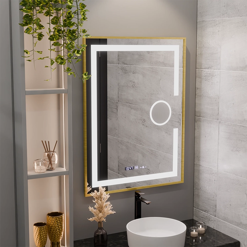 Ορθογώνιος καθρέφτης LED, 60x80cm, Eclat MotionGlow Marcello, Σύστημα Demister, Ρολόι & Θερμόμετρο, Καλλυντικό μεγεθυντικός φακός, Dimable, Βουρτσισμένο χρυσό πλαίσιο