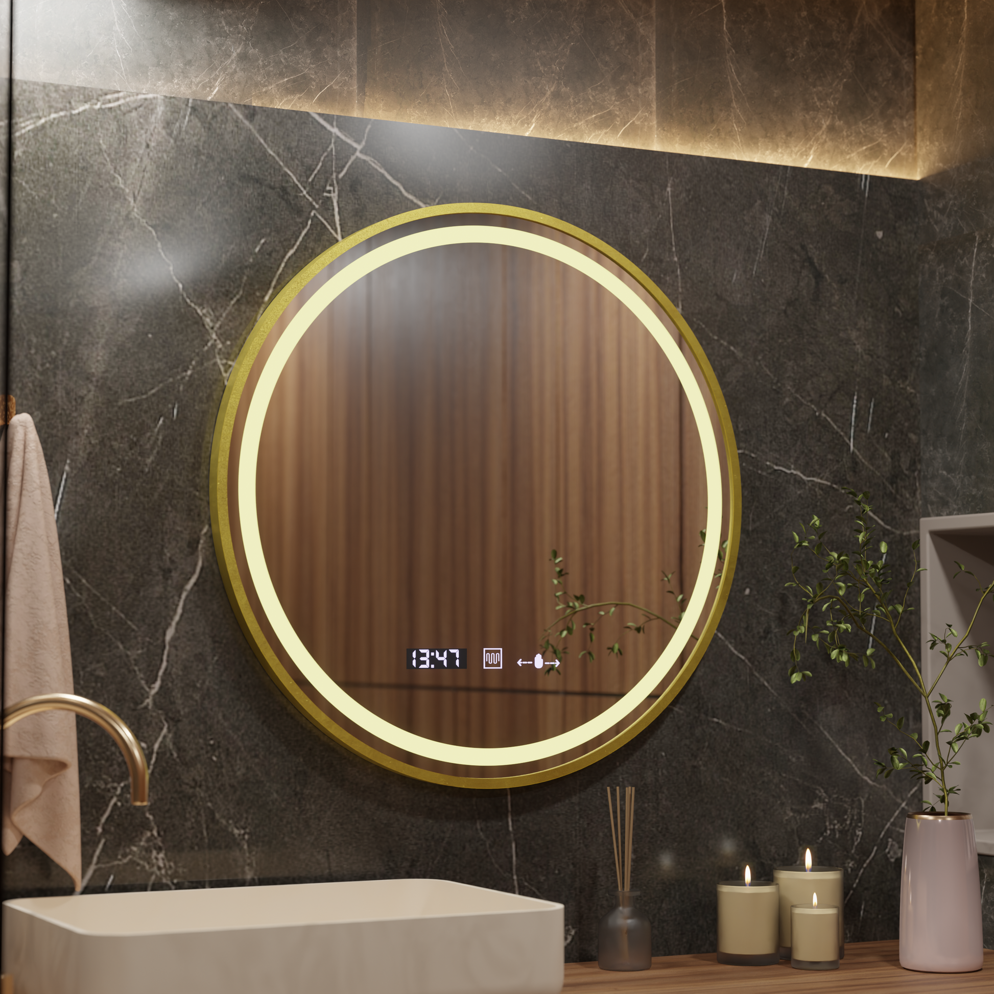 LED Στρογγυλός καθρέφτης, 80 cm, Celeste Royale Gold MotionGlow Marcello, Σύστημα αποθαμβώματος, Ρολόι & Θερμόμετρο, Καθρέφτες Dimable Marcello Προεπιλεγμένος τίτλος Alessandro Design