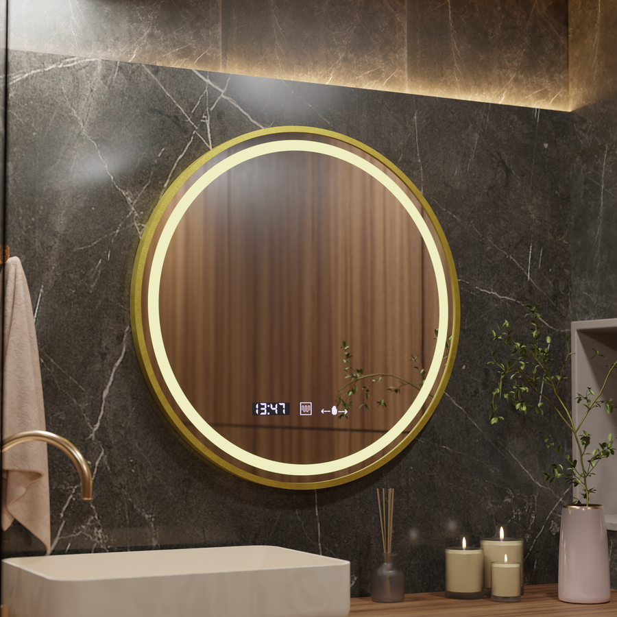 LED Στρογγυλός καθρέφτης, 80 cm, Celeste Royale Gold MotionGlow Marcello, Σύστημα αποθαμβώματος, Ρολόι & Θερμόμετρο, Καθρέφτες Dimable Marcello Προεπιλεγμένος τίτλος Alessandro Design