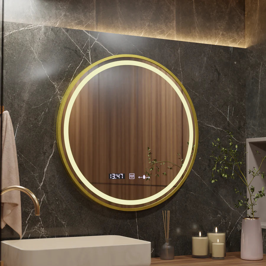 Στρογγυλός καθρέφτης LED, 60 cm, Celeste Royale Gold Eleve MotionGlow Marcello, Σύστημα αποθαμβώματος, Ρολόι & Θερμόμετρο, Ρυθμιζόμενο, Αποσπώμενο λουρί Καθρέφτες Marcello Προεπιλεγμένος τίτλος Alessandro Design