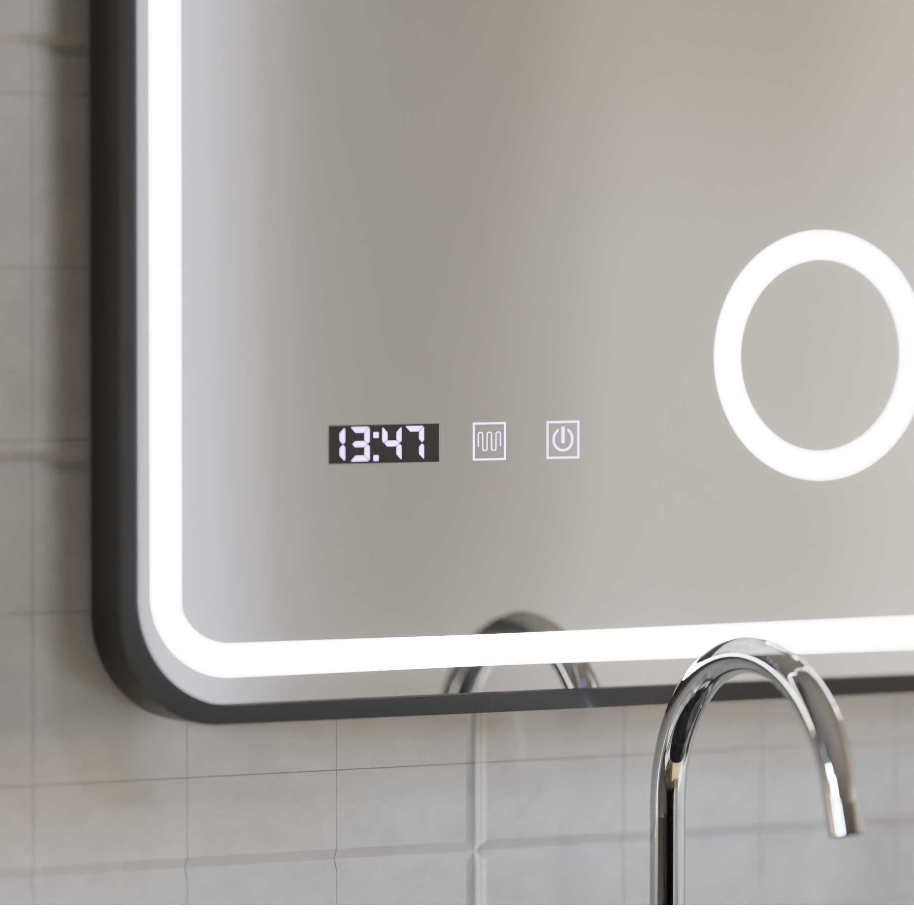 Ulrich LED Touch Mirror De-fogging System, Clock and Temperature 75x90 cm Μαύρο πλαίσιο Βουρτσισμένο καλλυντικό μεγεθυντικός φακός Καθρέφτες Korman S Προεπιλεγμένος τίτλος Alessandro Design