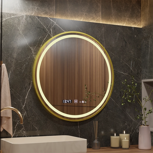 Καθρέφτης LED Αισθητήρας MotionGlow Faratya Σύστημα αποθολώματος Θερμόμετρο και ρολόι Στρογγυλό βουρτσισμένο χρυσό πλαίσιο Διάμετρος 100 cm Κρύο/Ζεστό/Ουδέτερο φως Dimmable Marcello Funghi Collection
