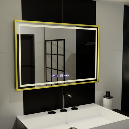 Ορθογώνιος καθρέφτης LED, 100x65 cm, Verite Royale Gold Motion Glow Marcello, Σύστημα αποθάμβωσης, Ρολόι & Θερμόμετρο, Dimable Mirrors Marcello Προεπιλεγμένος τίτλος Alessandro Design
