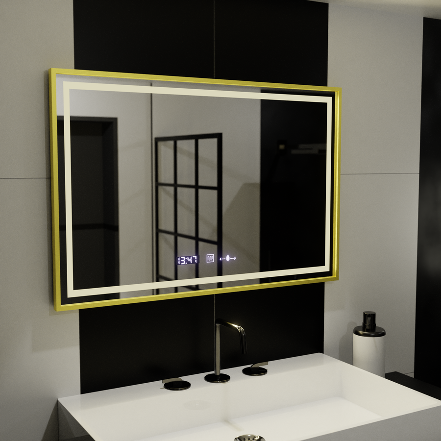 Ορθογώνιος καθρέφτης LED, 100x65 cm, Verite Royale Gold Motion Glow Marcello, Σύστημα αποθάμβωσης, Ρολόι & Θερμόμετρο, Dimable Mirrors Marcello Προεπιλεγμένος τίτλος Alessandro Design