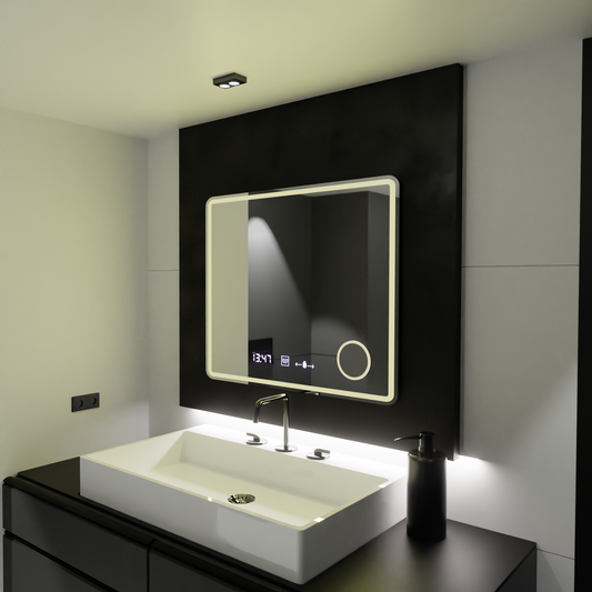 Ορθογώνιος καθρέφτης LED, 80x60 cm, Riflesso MotionGlow Marcello, Σύστημα αποθαμβώματος, Ρολόι & Θερμόμετρο, Καλλυντικός Μεγεθυντικός φακός, Dimable Marcello Mirrors Προεπιλεγμένος τίτλος Alessandro Design