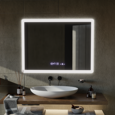 Ορθογώνιος καθρέφτης LED, 80x60cm, ELANCEE MotionGlow Αισθητήρας Marcello, Σύστημα αποθολώματος, Ρολόι & Θερμόμετρο, Ρυθμιζόμενο