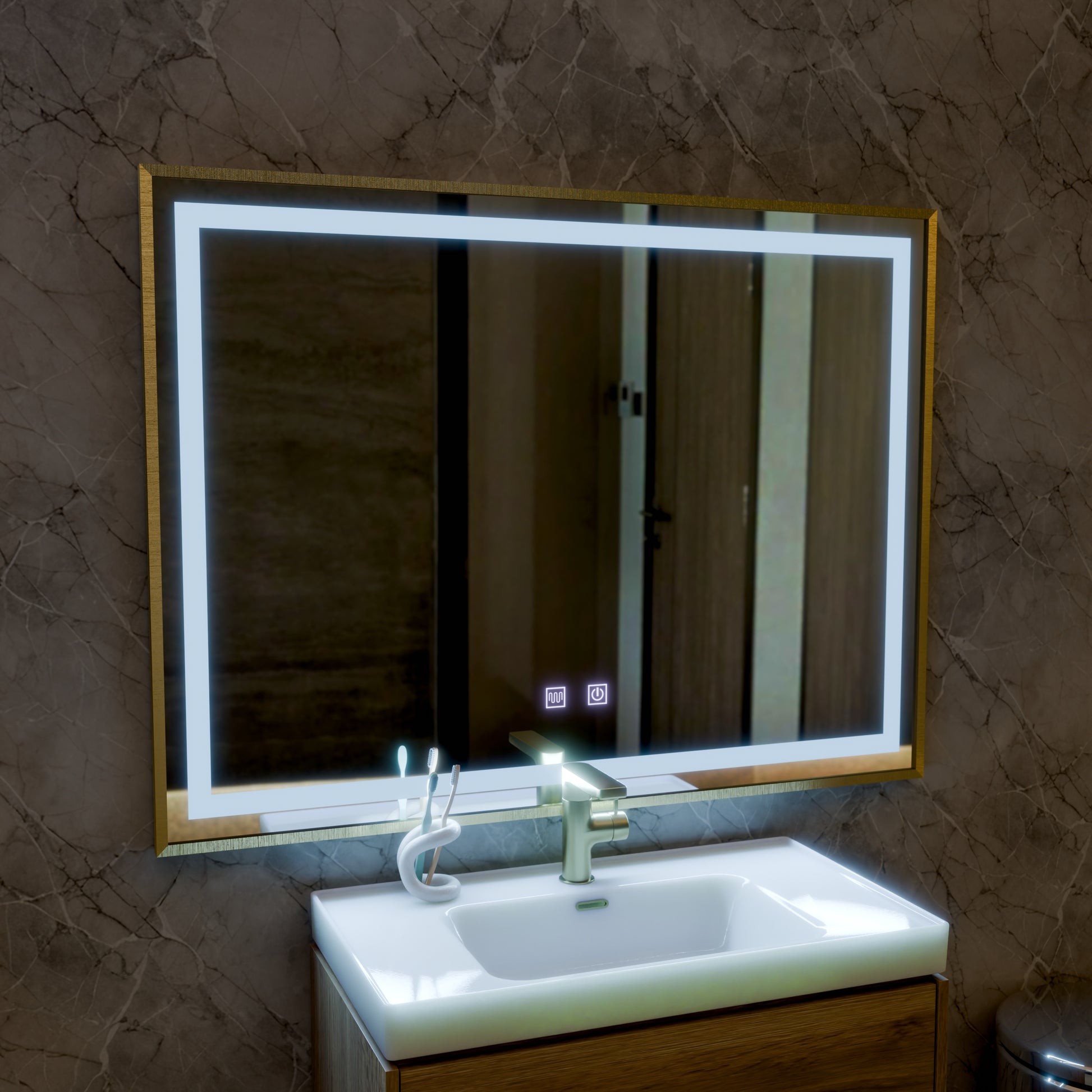 Καθρέφτης LED αφής RAYNA, 80x60 cm, λειτουργία Demist, Καθρέφτες από βουρτσισμένο χρυσό πλαίσιο Korman E Προεπιλεγμένος τίτλος Alessandro Design