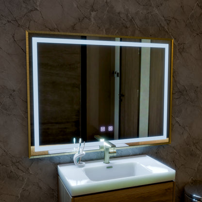 Καθρέφτης LED αφής RAYNA, 80x60 cm, λειτουργία Demist, Καθρέφτες από βουρτσισμένο χρυσό πλαίσιο Korman E Προεπιλεγμένος τίτλος Alessandro Design