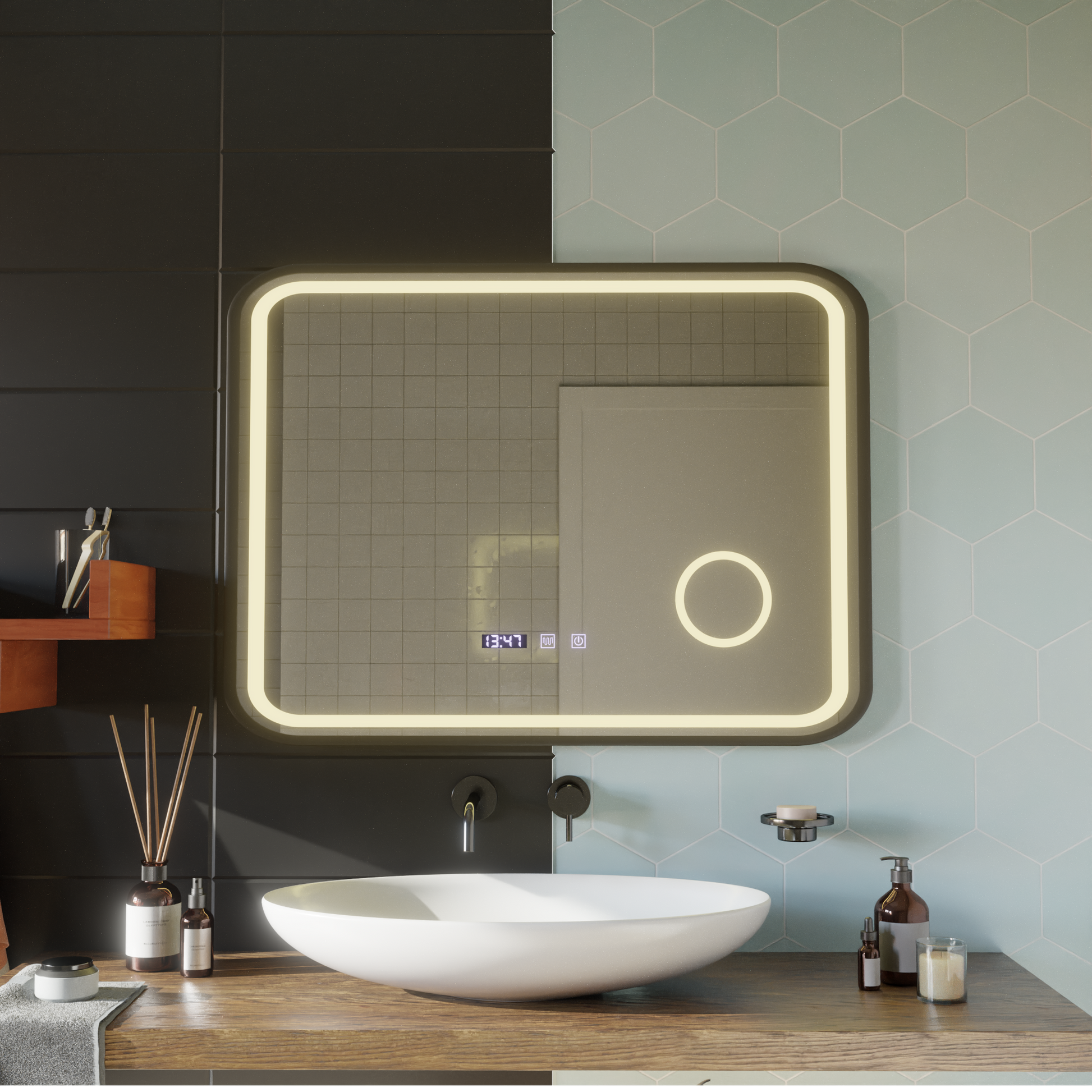 LED Touch Bernd Mirror De-fogging System, Clock and Temperature 80x60 cm Μαύρο πλαίσιο Βουρτσισμένο καλλυντικό μεγεθυντικός φακός Καθρέφτες Korman S Προεπιλεγμένος τίτλος Alessandro Design