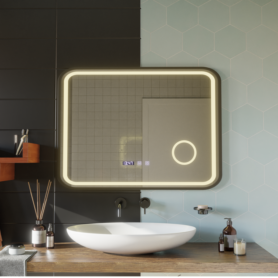 LED Touch Bernd Mirror De-fogging System, Clock and Temperature 80x60 cm Μαύρο πλαίσιο Βουρτσισμένο καλλυντικό μεγεθυντικός φακός Καθρέφτες Korman S Προεπιλεγμένος τίτλος Alessandro Design