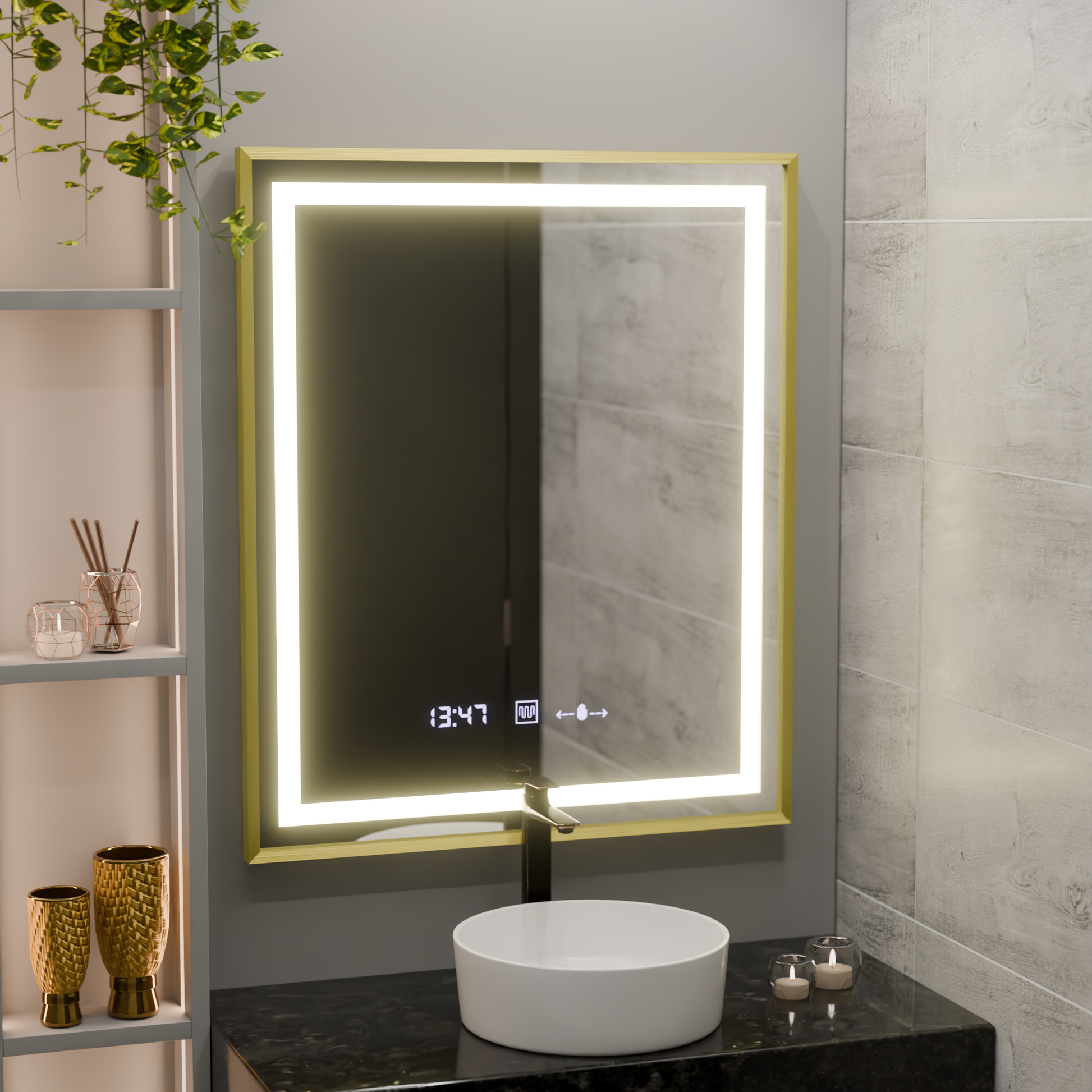 Ορθογώνιος καθρέφτης LED, 75x90 cm, Verite Royale Gold MotionGlow Marcello, Σύστημα αποθαμβώματος, Ρολόι & Θερμόμετρο, Dimable Καθρέφτες Marcello Προεπιλεγμένος τίτλος Alessandro Design