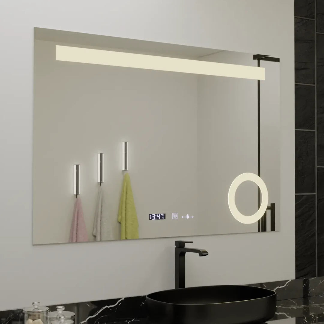 Ορθογώνιος καθρέφτης LED, 80x60 cm, ABSOLU MotionGlow Marcello, Σύστημα αποθάμβωσης, Ρολόι & Θερμόμετρο, Καλλυντικός Μεγεθυντικός φακός, Καθρέφτες Dimable Marcello Προεπιλεγμένος τίτλος Alessandro Design