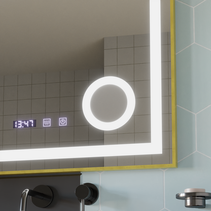 Σύστημα αποθολώματος καθρεπτών αφής CLARUS LED, ρολόι και θερμοκρασία 80x60 cm Χρυσό πλαίσιο Βουρτσισμένο καλλυντικό μεγεθυντικός φακός Καθρέφτες Korman S Προεπιλεγμένος τίτλος Alessandro Design