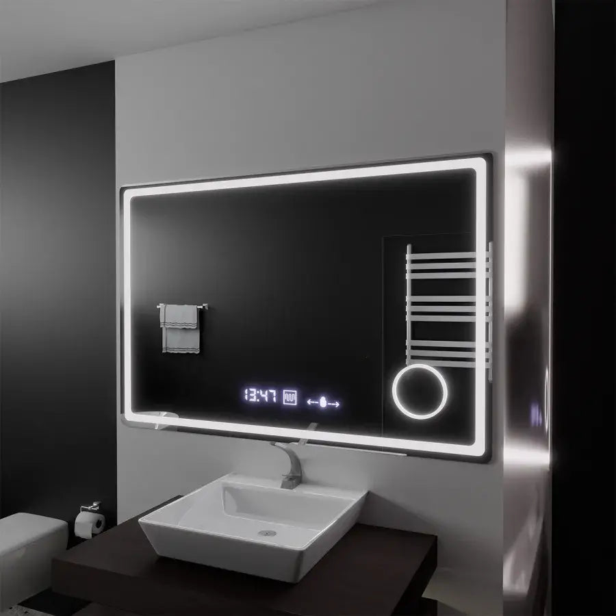 Ορθογώνιος καθρέφτης LED, 120x80 cm, Souverain MotionGlow Marcello, Σύστημα αποθαμβώματος, Ρολόι & Θερμόμετρο, Καλλυντικός Μεγεθυντικός φακός, Dimable Marcello Mirrors Προεπιλεγμένος τίτλος Alessandro Design