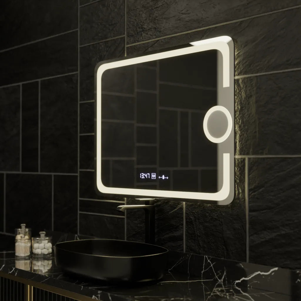 Ορθογώνιος καθρέφτης LED, 80x60 cm, Eclat MotionGlow Marcello, Σύστημα αποθαμβώματος, Ρολόι & Θερμόμετρο, Καλλυντικός Μεγεθυντικός φακός, Dimable Marcello Mirrors Προεπιλεγμένος τίτλος Alessandro Design