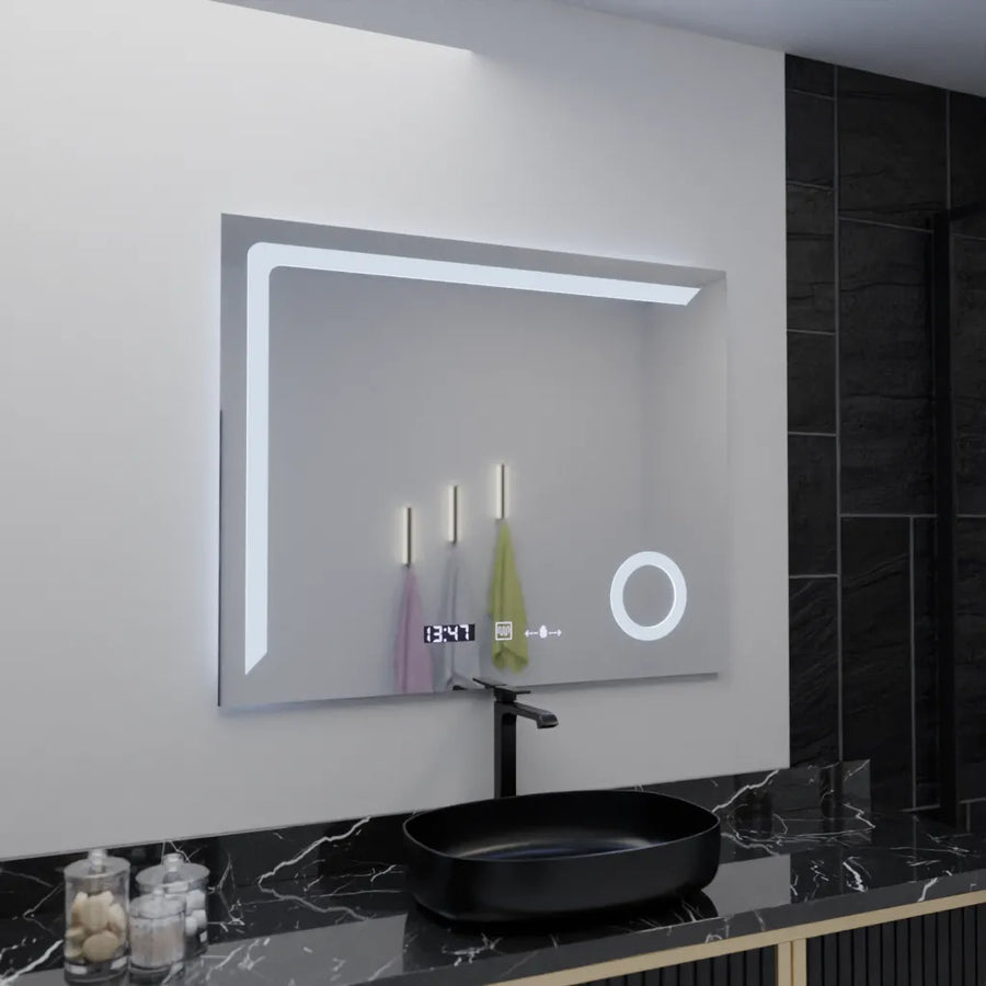 Ορθογώνιος καθρέφτης LED, 100x80 cm, Precision MotionGlow Marcello, Σύστημα αποθολώματος, Ρολόι & Θερμόμετρο, Καλλυντικός Μεγεθυντικός φακός, Καθρέφτες Dimable Marcello Προεπιλεγμένος τίτλος Alessandro Design