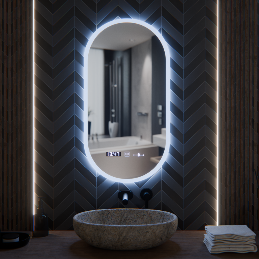 Oglinda LED Ovala, 50x100cm, Lucia Senzor Marcello, Sistem Dezaburire, Ceas & Termometru, Dimabila Oglinzi Korman E Default Title Alessandro Design