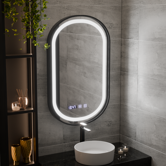 Helmut LED Touch Mirror System De-fogging, Clock and Temperature 50x80 cm Μαύρο πλαίσιο Brushed Marcello Funghi