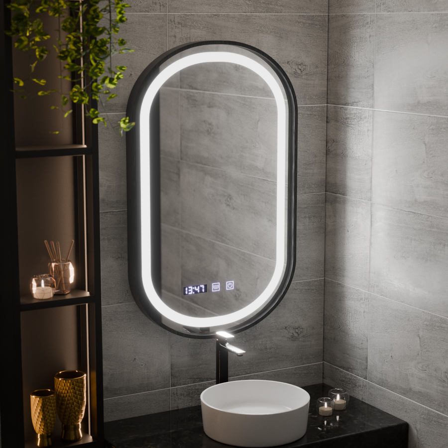 Helmut LED Touch Mirror De-fogging System, Clock and Temperature 50x90 cm Black Frame Brushed Marcello Funghi