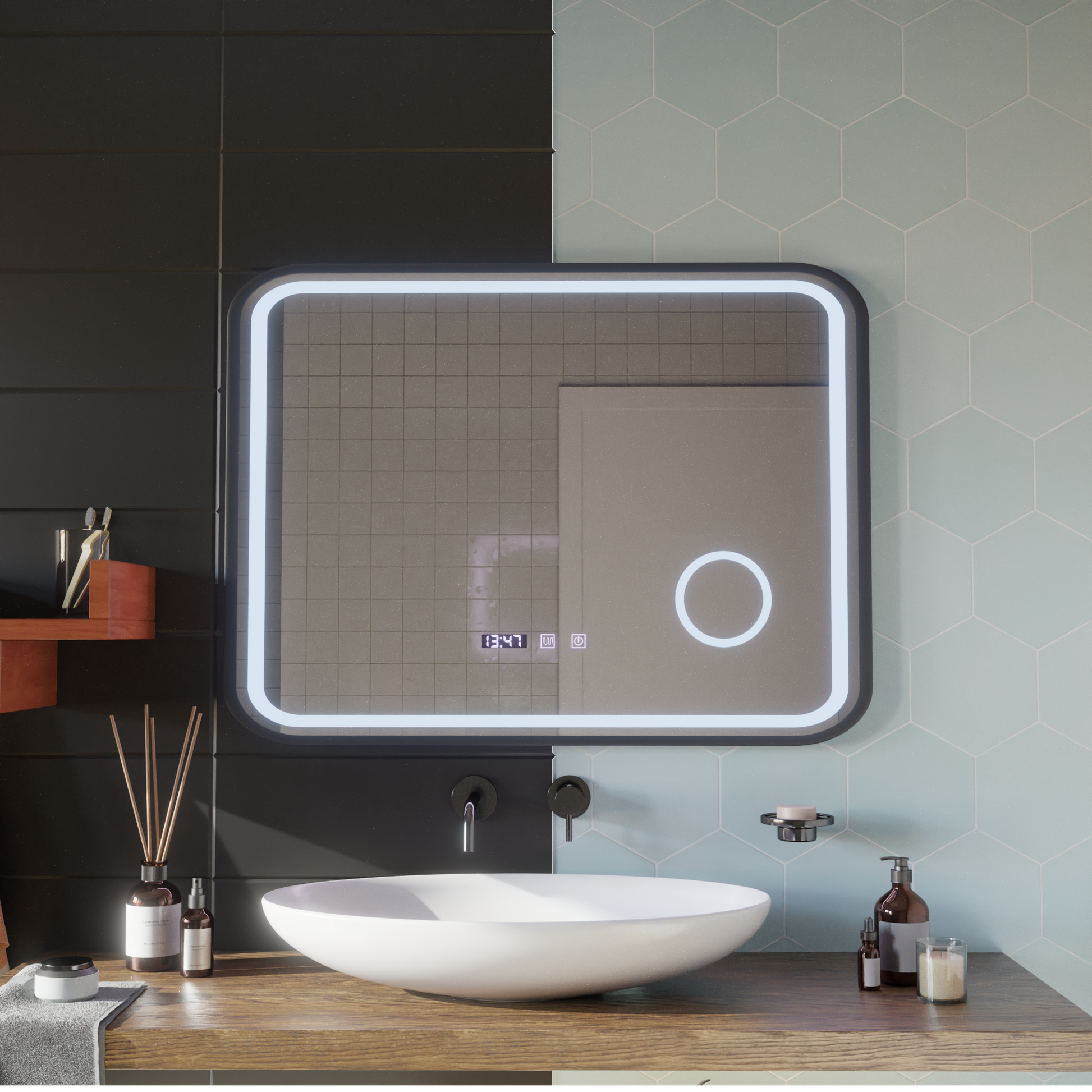 LED Touch Bernd Mirror De-fogging System, Clock and Temperature 80x60 cm Μαύρο πλαίσιο Βουρτσισμένο καλλυντικό μεγεθυντικός φακός Καθρέφτες Korman S Προεπιλεγμένος τίτλος Alessandro Design