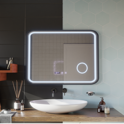 LED Touch Bernd Mirror De-fogging System, Clock and Temperature 80x60 cm Μαύρο πλαίσιο Βουρτσισμένο καλλυντικό μεγεθυντικός φακός Καθρέφτες Korman S Προεπιλεγμένος τίτλος Alessandro Design