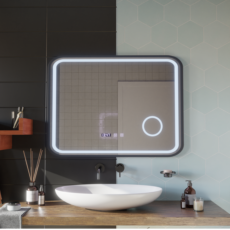 LED Touch Bernd Mirror De-fogging System, Clock and Temperature 80x60 cm Μαύρο πλαίσιο Βουρτσισμένο καλλυντικό μεγεθυντικός φακός Καθρέφτες Korman S Προεπιλεγμένος τίτλος Alessandro Design