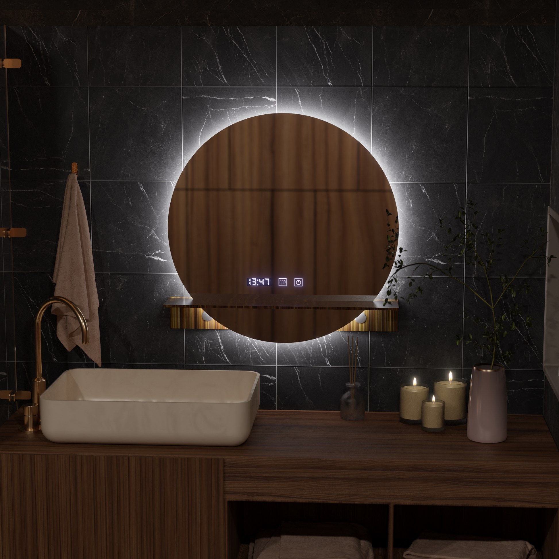 Καθρέφτης LED Touch Alfred Σύστημα Αποθάμπωσης, Ρολόι και Θερμοκρασία 60x60 cm Με Ενσωματωμένη Στήριξη Καθρέπτες Korman S Προεπιλεγμένος τίτλος Alessandro Design