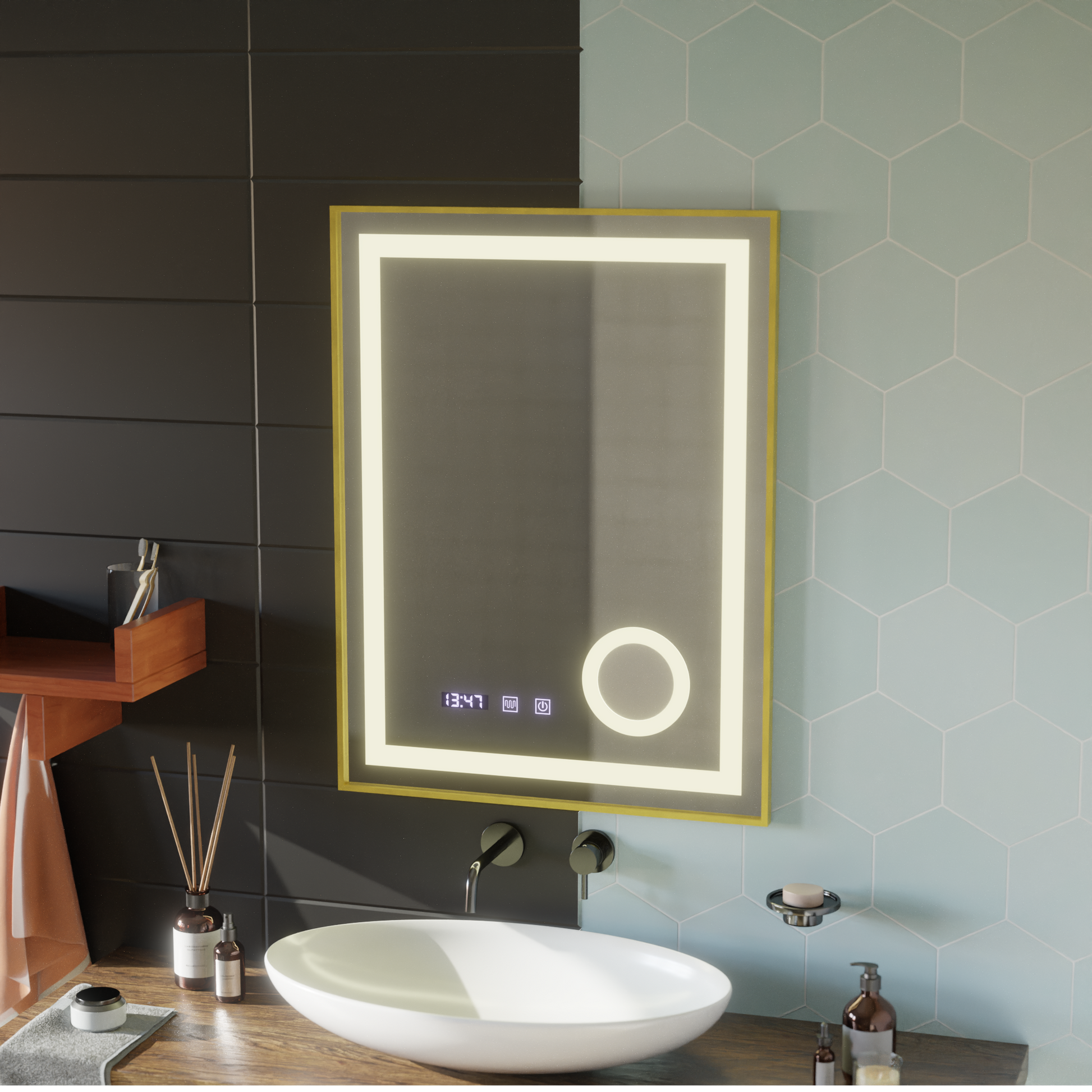 Σύστημα αποθολώματος καθρεπτών αφής CLARUS LED, ρολόι και θερμοκρασία 60x80 cm Χρυσό πλαίσιο Βουρτσισμένο καλλυντικό μεγεθυντικός φακός Καθρέφτες Korman S Προεπιλεγμένος τίτλος Alessandro Design
