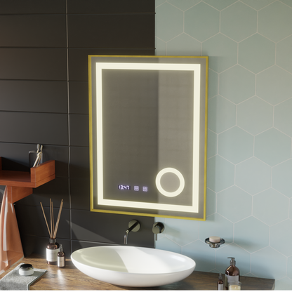 Σύστημα αποθολώματος καθρεπτών αφής CLARUS LED, ρολόι και θερμοκρασία 60x80 cm Χρυσό πλαίσιο Βουρτσισμένο καλλυντικό μεγεθυντικός φακός Καθρέφτες Korman S Προεπιλεγμένος τίτλος Alessandro Design