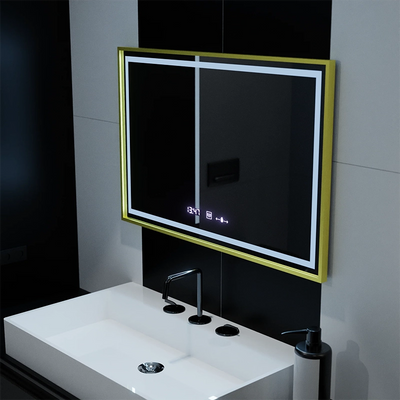 Ορθογώνιος καθρέφτης LED, 100x65 cm, Verite Royale Gold Motion Glow Marcello, Σύστημα Demister, Ρολόι & Θερμόμετρο, Ρυθμιζόμενο