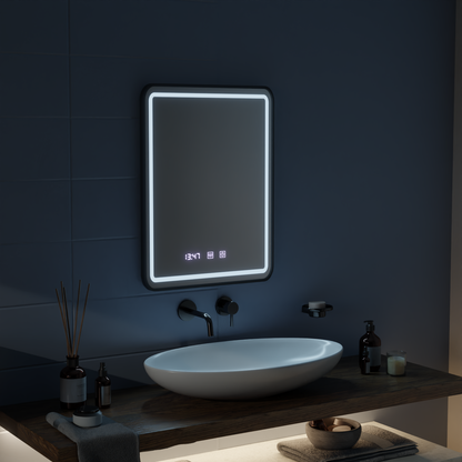 Καθρέφτης LED Touch LUCIDA Σύστημα αποθαμβωσης, Ρολόι και Θερμοκρασία 60x80 cm Πλαίσιο Μαύροι Βουρτσισμένοι Καθρέπτες Korman S Προεπιλεγμένος τίτλος Alessandro Design