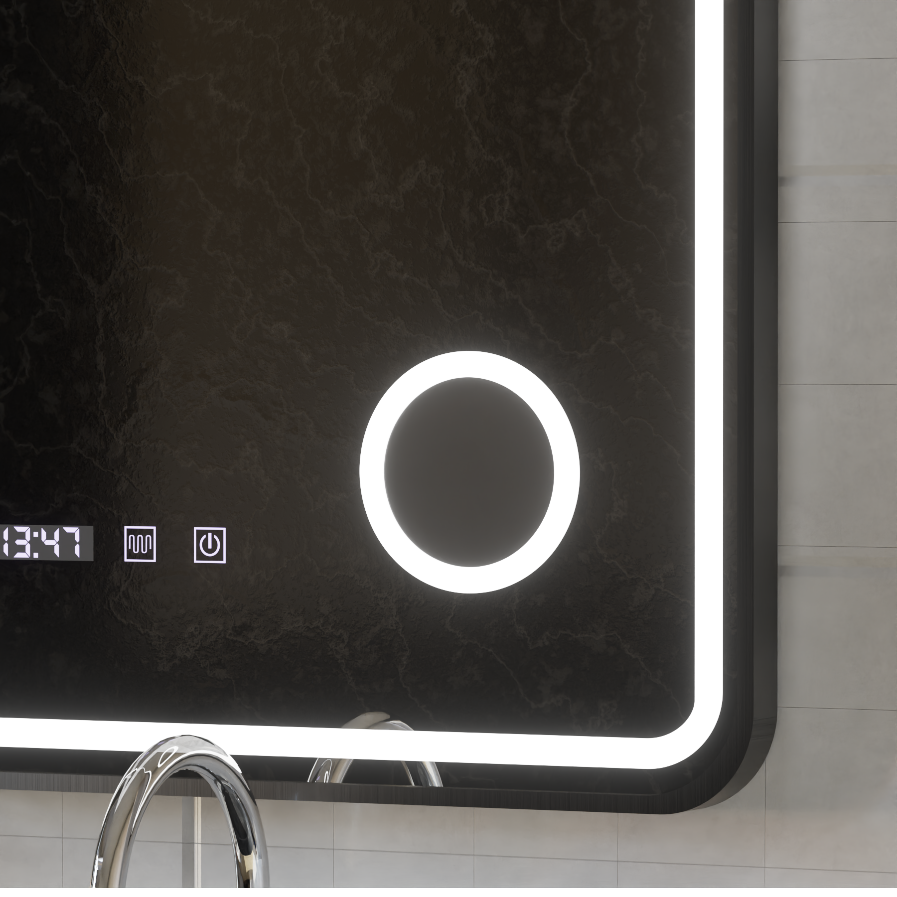 Ulrich LED Touch Mirror De-fogging System, Clock and Temperature 75x90 cm Μαύρο πλαίσιο Βουρτσισμένο καλλυντικό μεγεθυντικός φακός Καθρέφτες Korman S Προεπιλεγμένος τίτλος Alessandro Design