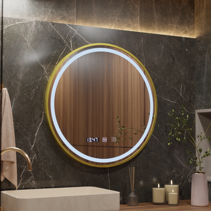 Καθρέφτης αφής LUSSO LED, Σύστημα Demister, Ρολόι και θερμοκρασία, Διάμετρος 60cm, Βουρτσισμένο χρυσό πλαίσιο, Warm Cold Neutral Light 3000K/4500K/6000K, Dimmable Korman S Mirrors Προεπιλεγμένος τίτλος Alessandro Design