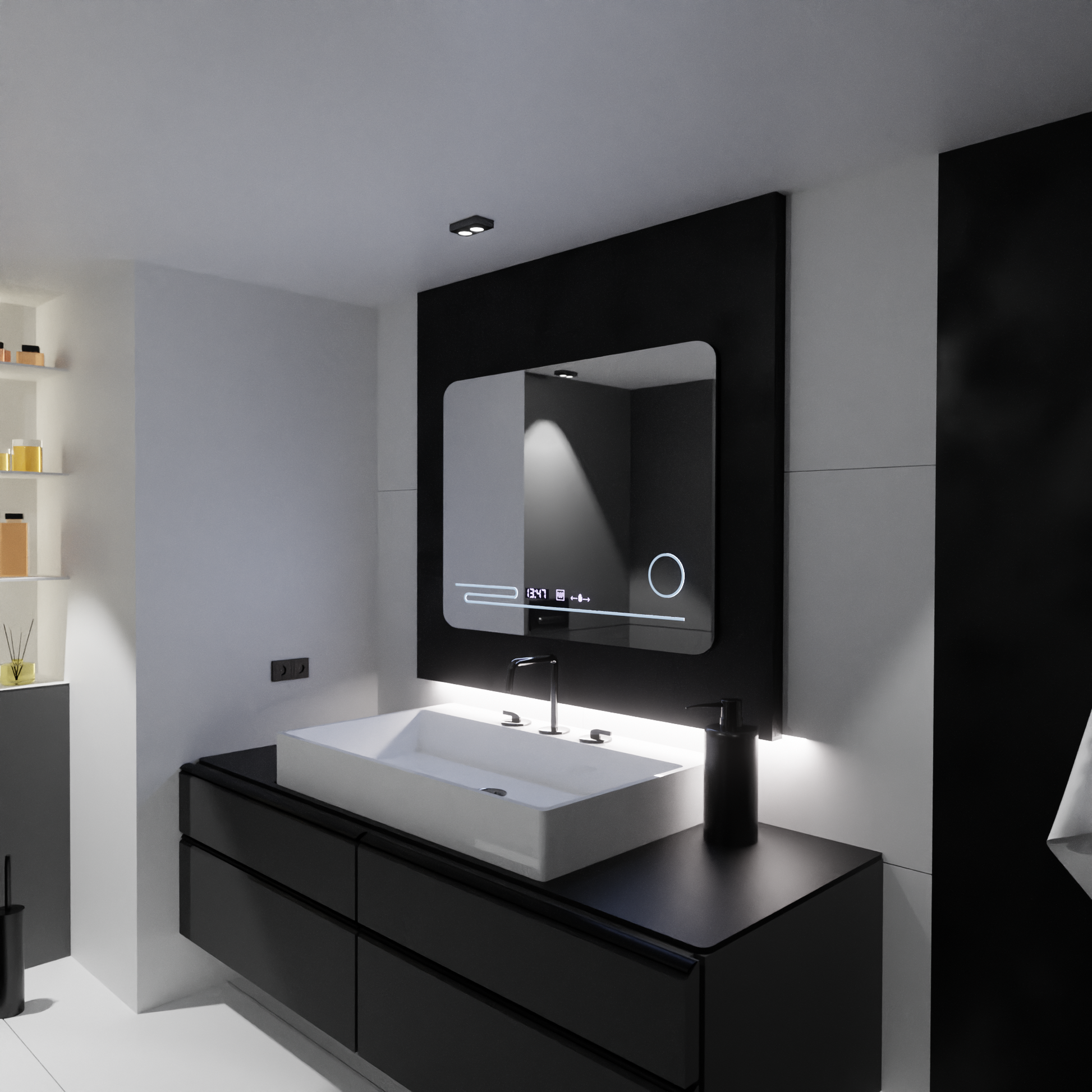 Ορθογώνιος καθρέφτης LED, 80x60 cm, Harmonie MotionGlow Marcello, Σύστημα αποθαμβώματος, Θερμόμετρο και Ρολόι, Καλλυντικός Μεγεθυντικός φακός, Καθρέφτες Dimable Marcello Προεπιλεγμένος τίτλος Alessandro Design