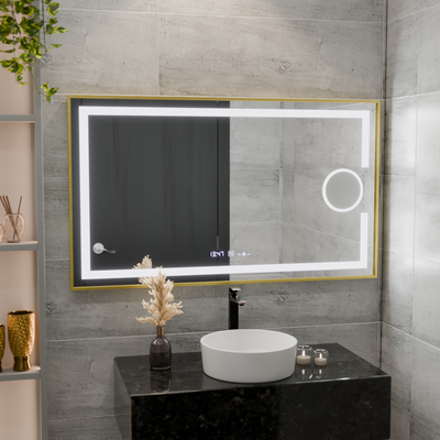 Ορθογώνιος καθρέφτης LED, 120x80cm, Eclat MotionGlow Marcello, Σύστημα Demister, Ρολόι & Θερμόμετρο, Καλλυντικό Μεγεθυντικός φακός, Dimable, Βουρτσισμένο χρυσό πλαίσιο
