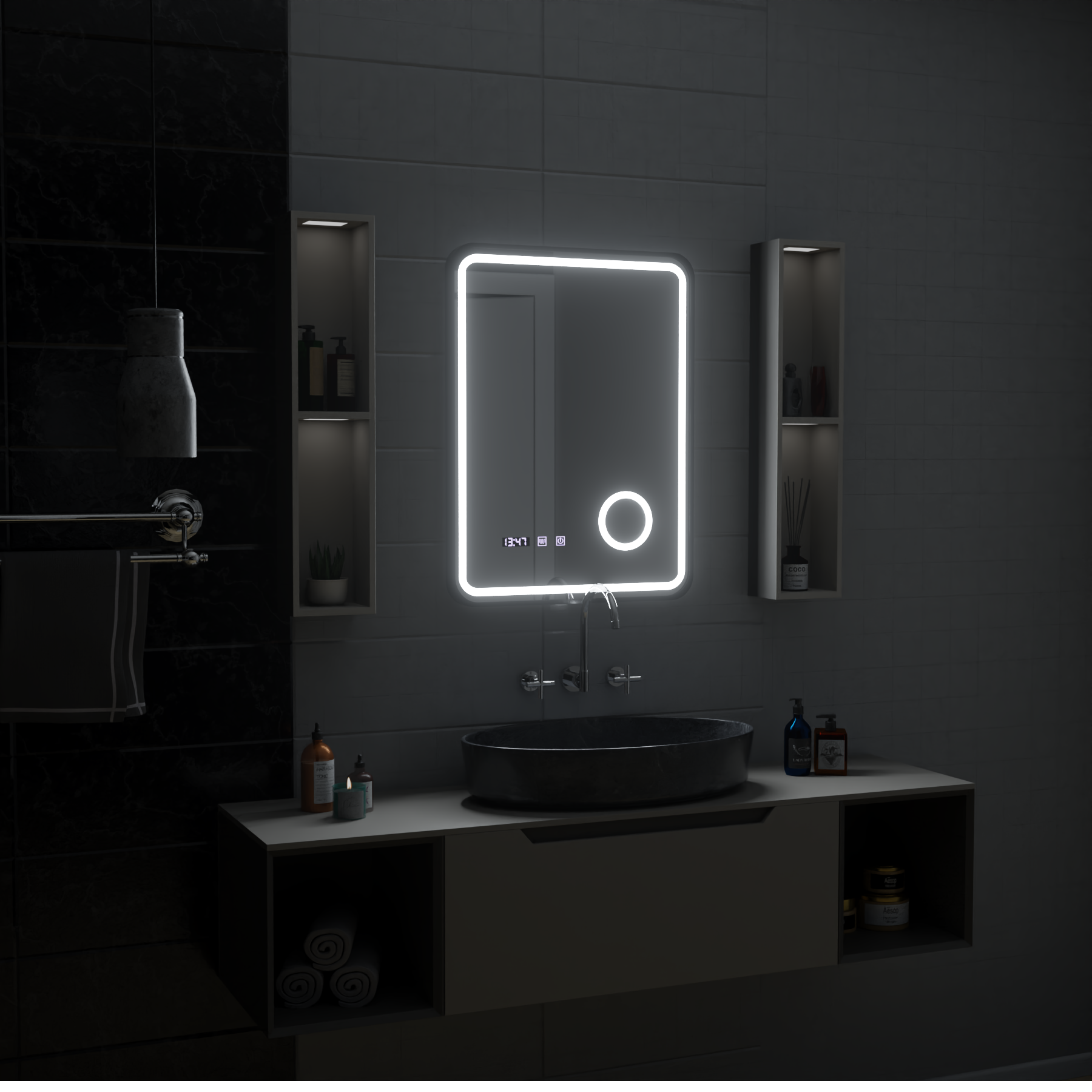 Ulrich LED Touch Mirror De-fogging System, Clock and Temperature 75x90 cm Μαύρο πλαίσιο Βουρτσισμένο καλλυντικό μεγεθυντικός φακός Καθρέφτες Korman S Προεπιλεγμένος τίτλος Alessandro Design