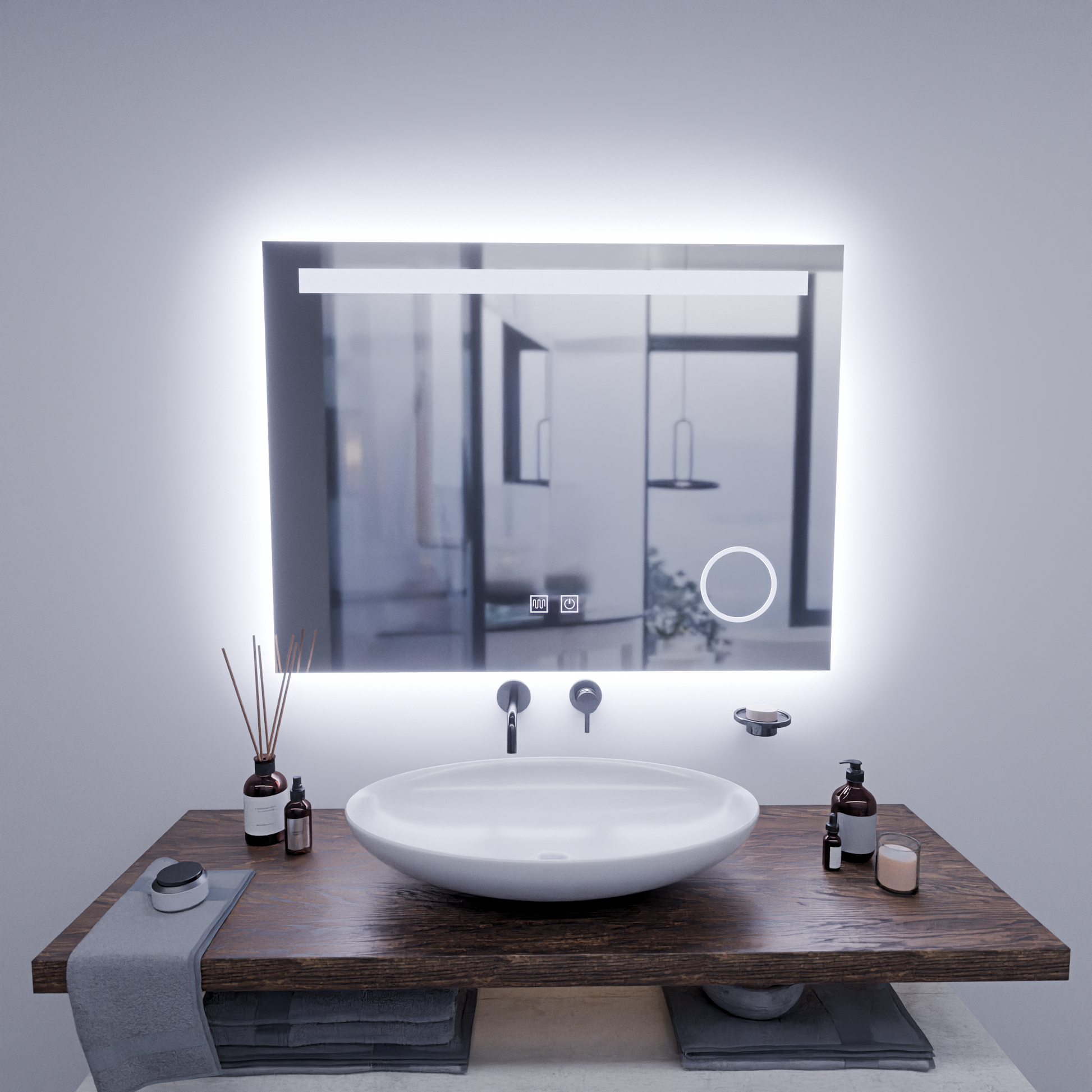 Ορθογώνιος καθρέφτης LED, 80x60cm, Piano Touch, Demister System, Dimmable, Cold Light 6000K Mirrors Korman E Προεπιλεγμένος τίτλος Alessandro Design