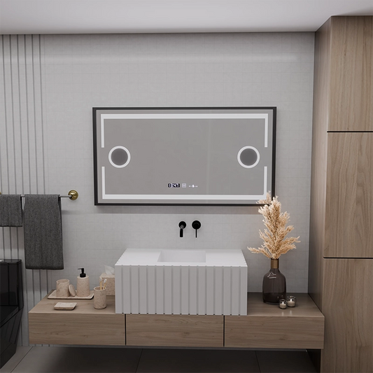 LED Mirror MotionGlow Domingo Αισθητήρας με λειτουργία Defog Θερμόμετρο Ρολόι 120x65 cm Κρύο/Ζεστό/Ουδέτερο φως με δυνατότητα ρύθμισης φωτός, Βουρτσισμένο μαύρο πλαίσιο, συλλογή Marcello Funghi