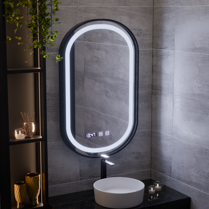Helmut LED Touch Mirror De-fogging System, Clock and Temperature 50x90 cm Black Frame Brushed Marcello Funghi