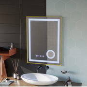 Σύστημα αποθολώματος καθρεπτών αφής CLARUS LED, ρολόι και θερμοκρασία 60x80 cm Χρυσό πλαίσιο Βουρτσισμένο καλλυντικό μεγεθυντικός φακός Καθρέφτες Korman S Προεπιλεγμένος τίτλος Alessandro Design