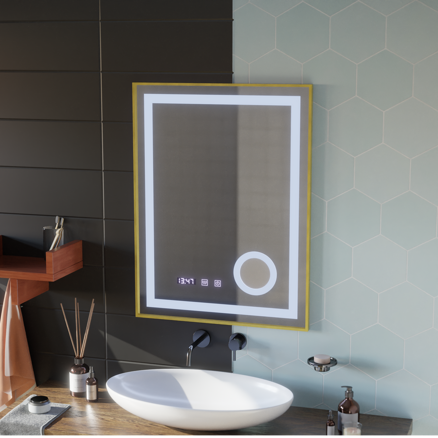 Σύστημα αποθολώματος καθρεπτών αφής CLARUS LED, ρολόι και θερμοκρασία 60x80 cm Χρυσό πλαίσιο Βουρτσισμένο καλλυντικό μεγεθυντικός φακός Καθρέφτες Korman S Προεπιλεγμένος τίτλος Alessandro Design