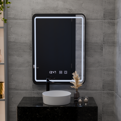 Καθρέφτης LED Touch LUCIDA Σύστημα αποθαμβωσης, Ρολόι και Θερμοκρασία 50x70 cm Πλαίσιο Μαύροι Βουρτσισμένοι Καθρέφτες Korman S Προεπιλεγμένος τίτλος Alessandro Design