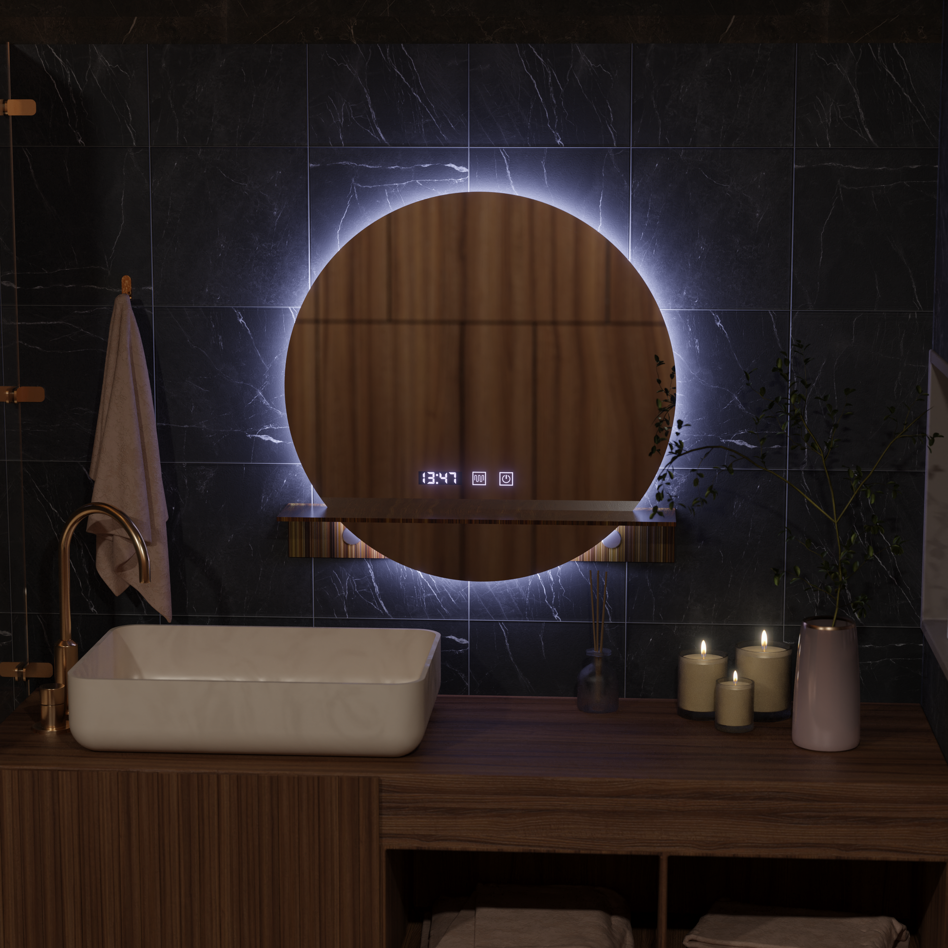 Καθρέφτης LED Touch Alfred Σύστημα Αποθάμπωσης, Ρολόι και Θερμοκρασία 60x60 cm Με Ενσωματωμένη Στήριξη Καθρέπτες Korman S Προεπιλεγμένος τίτλος Alessandro Design