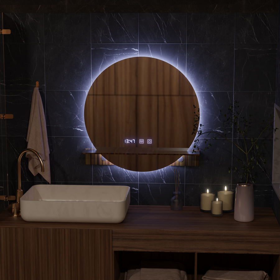 Καθρέφτης LED Touch Alfred Σύστημα Αποθάμπωσης, Ρολόι και Θερμοκρασία 60x60 cm Με Ενσωματωμένη Στήριξη Καθρέπτες Korman S Προεπιλεγμένος τίτλος Alessandro Design